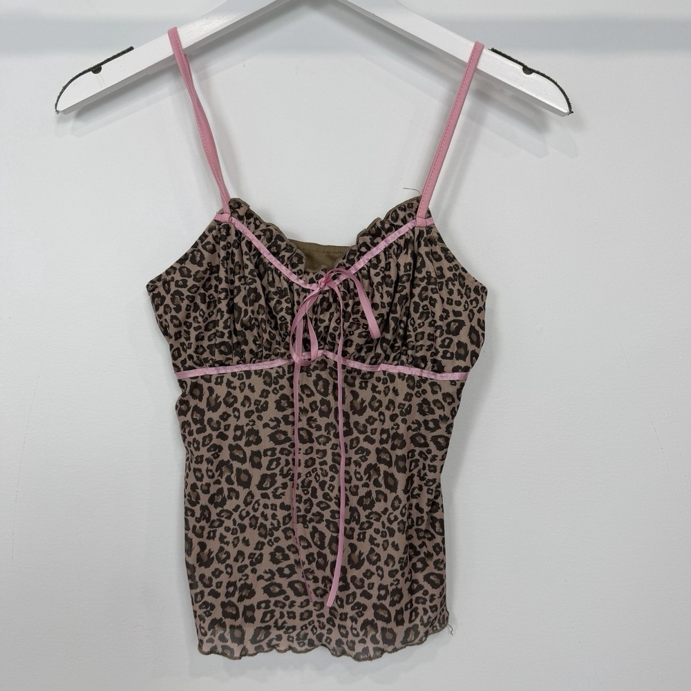 Y2K Leopard Print Pink Tie Front Babydoll Cami Top XS Milkmaid Coquette Festival